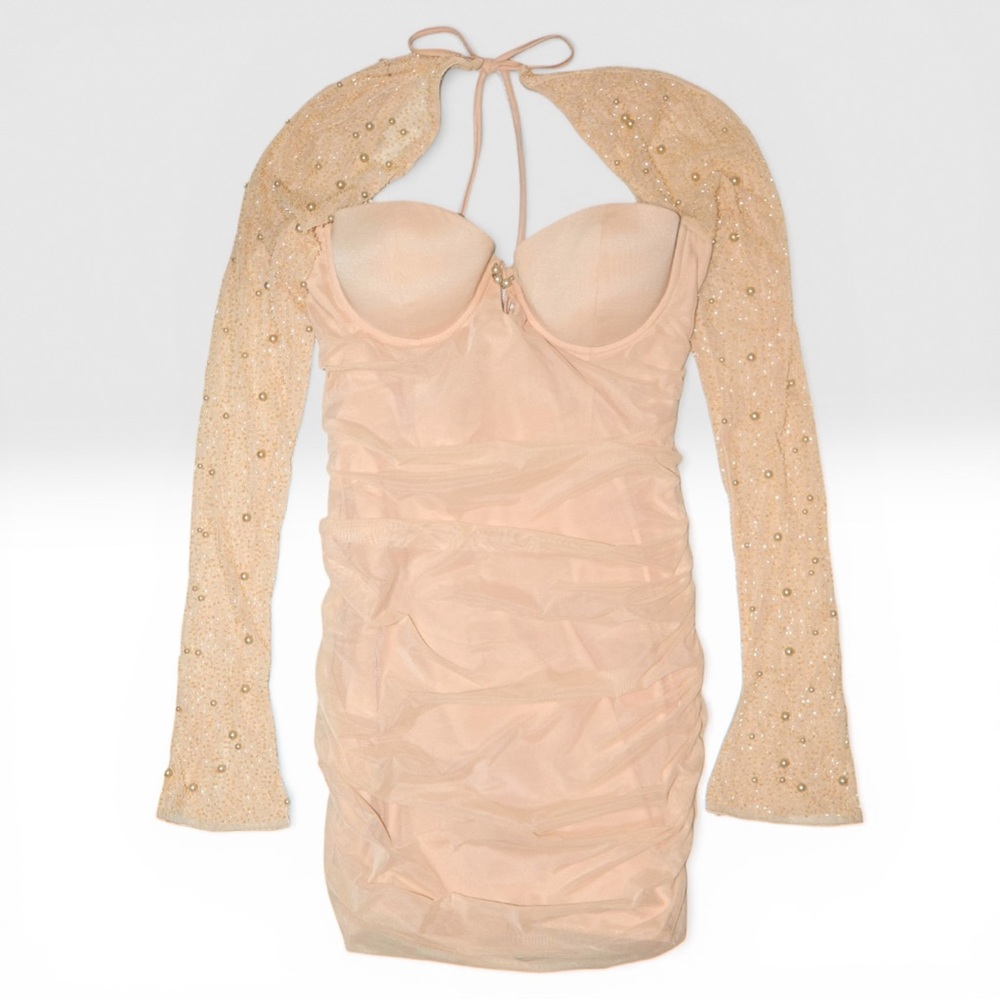 Oh Polly Champagne Pearl Beaded Ruched Mesh Mini Dress US 8